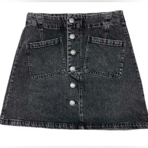 Oat Denim Mini Skirt High Waist Button Faded Black Vintage Wash Size 32